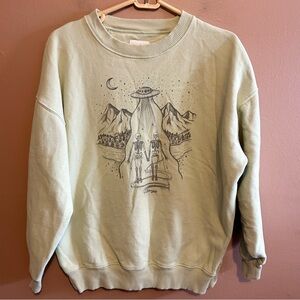 American Eagle UFO Skeleton Oversized Crew Neck Pullover Sweatshirt Green XS